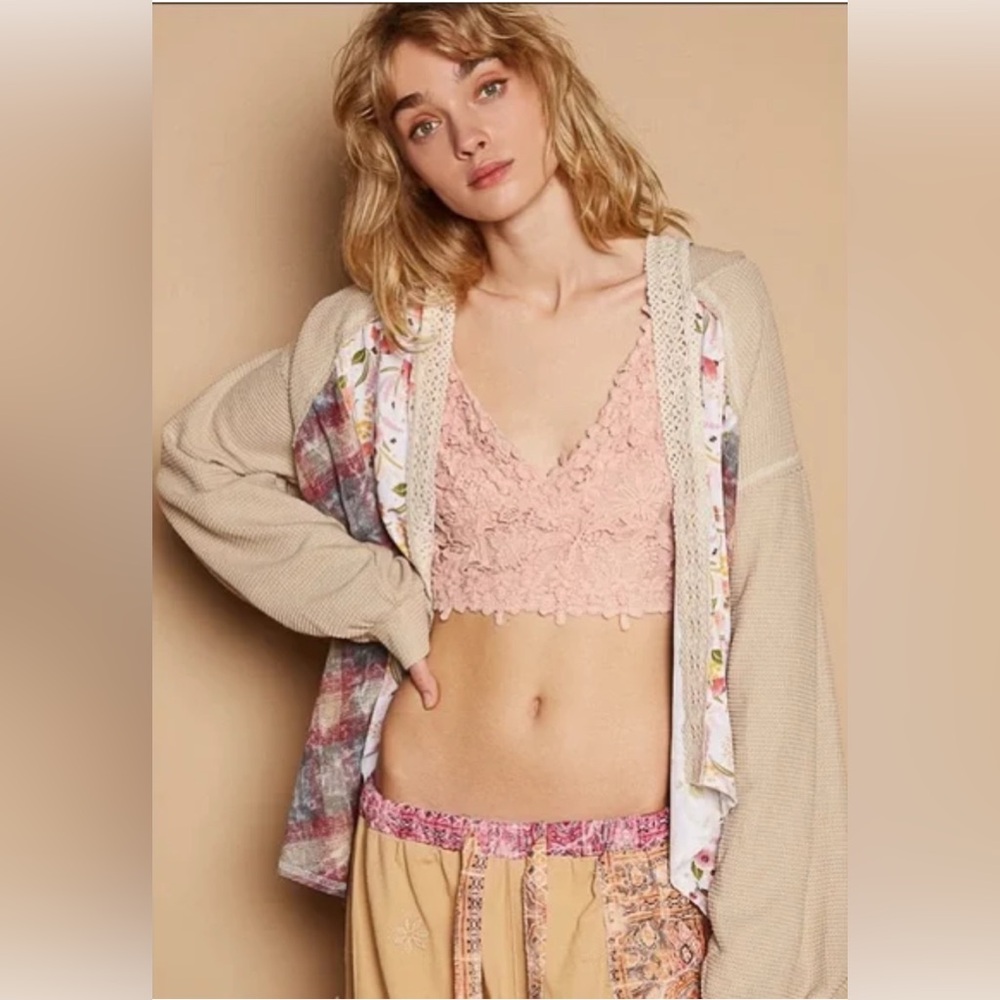 Beige & Pink Crochet-Trim Hooded Cardigan